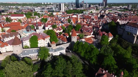 Beautiful-Aerial-View-of-Monastery-Gate-in-Old-Town-Tallinn,-Estonia