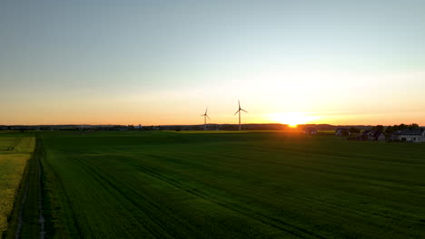 Sunset-Glow-Over-Rapeseed-Fields-With-Wind-Turbines-In-The-Background