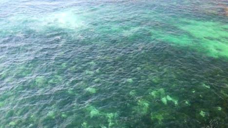 Vista-Aérea-Inclinada-Hacia-Abajo-Sobre-El-Arrecife-Con-Agua-Clara-Debajo