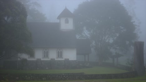 Dark-and-forboding---an-Alpine,-European-style-church-or-chaple,-rising-up-through-the-sinister-fog-surrounded-by-gnarled-trees