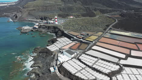 Vibrant-Colors-of-Fuencaliente-Salt-Pans-and-Lighthouse-from-Above,-La-Palma