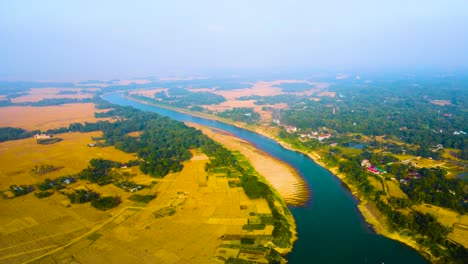 Panoramic-Aerial-View-Of-Farmland-And-Dying-River-Surma-In-Bangladesh---Drone-Shot