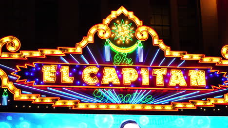 El-Captain-Theatre-Vibrant-Logo-at-Night-Close-Up,-Hollywood-Boulevard,-Los-Angeles-CA-USA