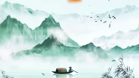 Mysterious-landscape-China's-traditional-Oriental-Digital-Art-animation,-Chinese-retro-painting-ink-misty-mountain-with-flowers,-tree,-birds,-river-in-fog-background