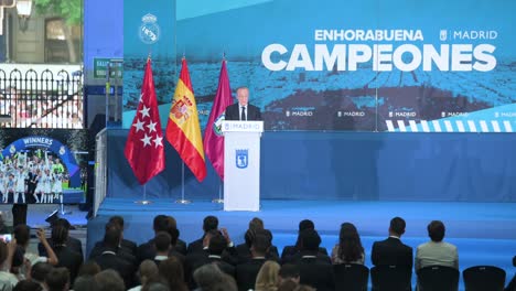 Real-Madrid-president,-Florentino-Perez,-delivers-a-speech-during-the-reception-for-Real-Madrid-at-the-Palacio-de-Cibeles,-as-part-of-the-celebration-of-their-15th-UEFA-Champions-League-title