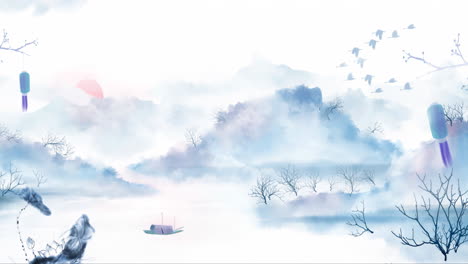 Mysterious-landscape-China's-traditional-Oriental-Digital-Art-animation,-Chinese-retro-painting-ink-misty-mountain-with-flowers,-tree,-birds,-river-in-fog-background