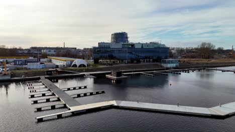 Modern-Restaurant-And-Marina-By-The-Daugava-River-In-Riga,-Latvia