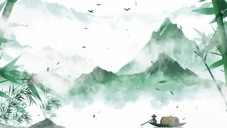 Mysterious-landscape-China's-traditional-Oriental-Digital-Art-animation,-Chinese-retro-painting-ink-misty-mountain-with-flowers,-tree,-birds,-river-in-fog-background