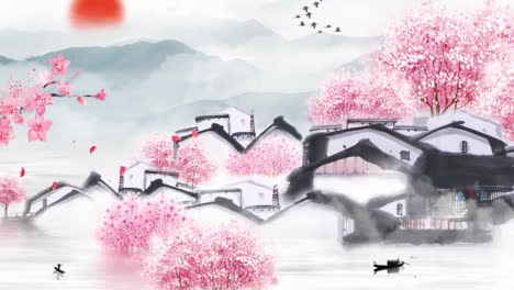 Mysterious-landscape-China's-traditional-Oriental-Digital-Art-animation,-Chinese-retro-painting-ink-misty-mountain-with-flowers,-tree,-birds,-river-in-fog-background