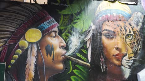 Native-representation-graffiti-in-the-Comuna-13-Neighborhood,-Medellin