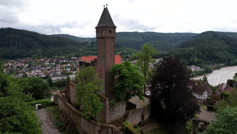 Aerial-Hirschhorn-castle-at-river-Neckar,-Germany