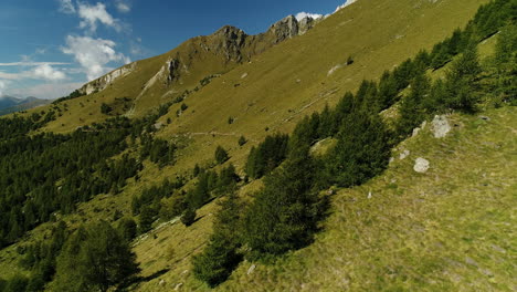 Un-Dron-Aéreo-Disparó-Un-Paisaje-Montañoso-Verde-Y-Pintoresco-En-Un-Día-Soleado