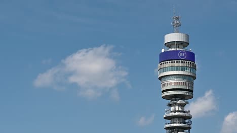 Cloud-flying-past-the-BT-Tower,-taken-from-'The-Nest',-Regents-Street,-London,-United-Kingdom