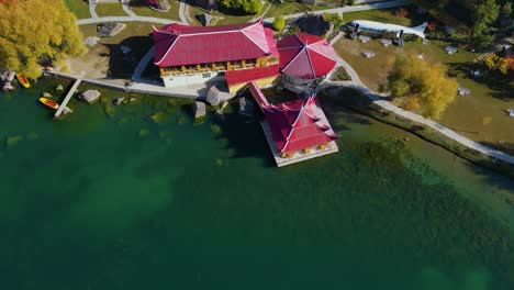 Top-angle-view-of-Shangrila-Resort-on-Shangrila-lake-at-Skardu,-Pakistan-during-daytime