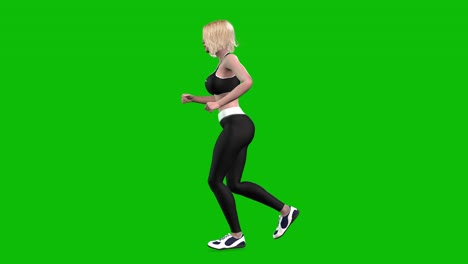 3D-female-athlete-wearing-sports-outfit,-tight-fit-black-sportswear,-jogging-on-green-screen,-3D-loop-animation,-side-view