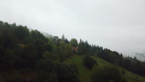 Drone-flying-backwards-above-the-green-forest-at-the-Apuseni-Mountains-in-Romania