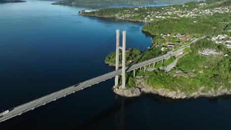 Nordhordland-bridge-mainland-side-at-Tellevik-and-Hordvik,-aerial-Norway