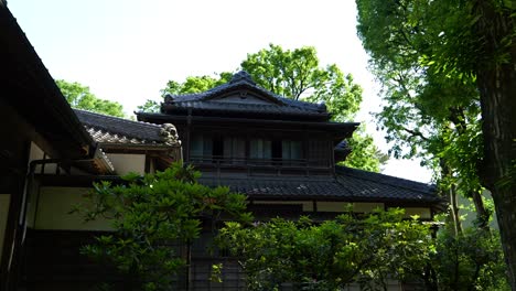 Schwenken-Sie-Nach-Oben-über-Ein-Typisch-Japanisches-Architekturgebäude-Im-Grünen-Park