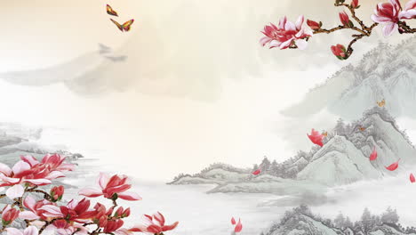 Mysterious-landscape-China's-traditional-Oriental-Digital-Art-animation,-Chinese-retro-painting-ink-misty-mountain-with-flowers,-tree,-birds,-river-in-fog-background