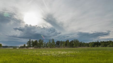 El-Cielo-Nublado-Se-Mueve-Sobre-Un-Bosque-Al-Atardecer.