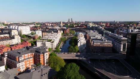 Scenic-Aerial-View-Above-Klara-Sjo-Canal-in-Stockholm,-Sweden