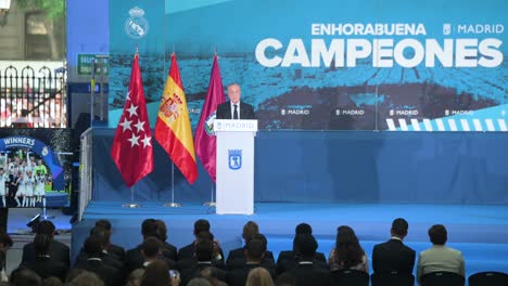 Real-Madrid-president,-Florentino-Perez,-delivers-a-speech-during-the-reception-for-Real-Madrid-at-the-Palacio-de-Cibeles,-as-part-of-the-celebration-of-their-15th-UEFA-Champions-League-title