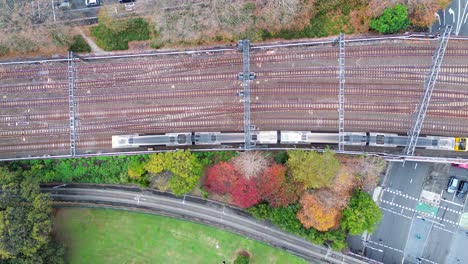 Landscape-bird's-eye-view-of-train-leaving-Central-Station-railway-line-tracks-with-trees-next-to-busy-street-Haymarket-Surry-Hills-transport-commute