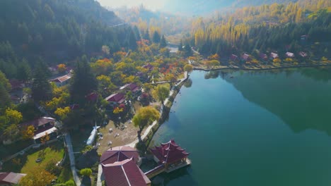 Aerial-parallax-view-of-Shangrila-Resort-on-Lower-Kachura-Lake-in-Skardu,-Pakistan