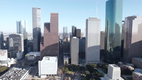 Houston-TX-USA,-Downtown-Skyscrapers-and-Towers,-Financial-District,-Offices-and-City-Hall,-Drone-Shot