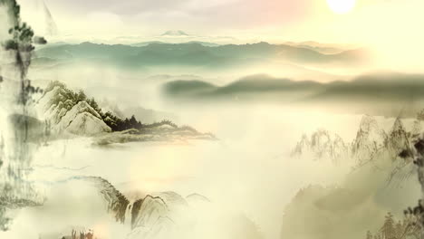 Mysterious-landscape-China's-traditional-Oriental-Digital-Art-animation,-Chinese-retro-painting-ink-misty-mountain-with-flowers,-tree,-birds,-river-in-fog-background