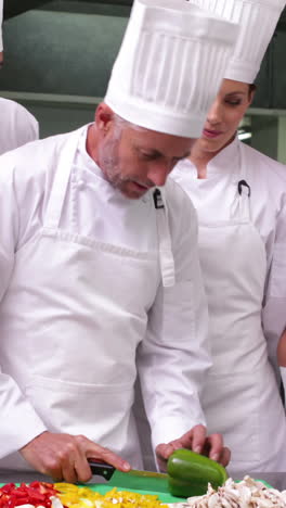 Team-of-chefs-watching-head-chef-slicing-vegetables