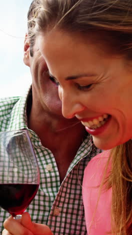 Happy-couple-laughing-while-having-a-glass-of-wine-in-field