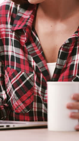 Midsection-of-a-woman-using-laptop-while-drinking-coffee