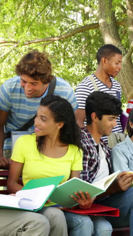 Estudiantes-Leyendo-Y-Charlando-Juntos-Afuera-En-El-Campus