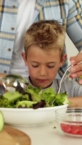 Padre-Mostrando-A-Su-Lindo-Hijo-Cómo-Preparar-Una-Ensalada