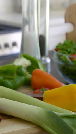 Bowl-of-salad-and-fresh-vegetables-kept-on-kitchen-worktop