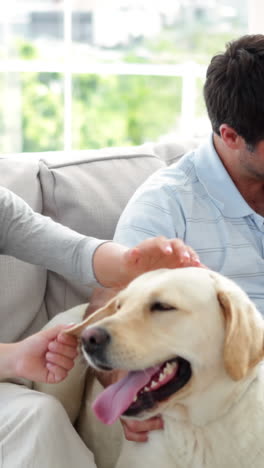 Linda-Familia-Relajándose-Juntos-En-El-Sofá-Con-Su-Perro-Labrador