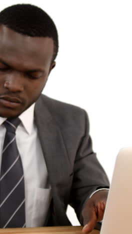 Businessman-writing-in-dairy-while-using-laptop