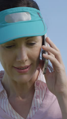 Female-golf-player-talking-on-mobile-phone-while-playing-golf