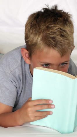 Little-boy-reading-on-bed