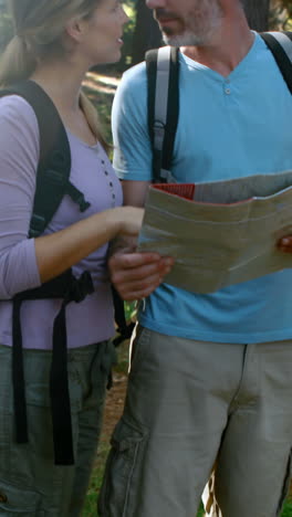 Hiker-couple-interacting-while-looking-at-map