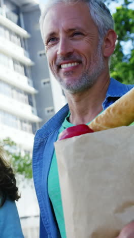 Mature-couple-is-walking-on-the-street-with-groceries-