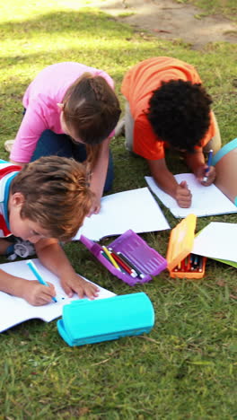 Niños-De-Escuela-Haciendo-Los-Deberes-Sobre-El-Césped