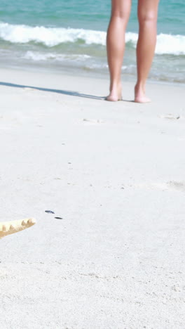 Rückansicht-Einer-Frau-Mit-Seestern-Am-Strand