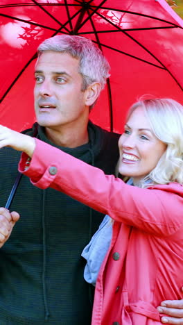 Couple-standing-under-umbrella-in-park