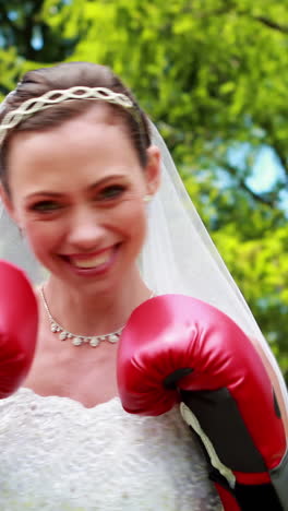 Pretty-bride-smiling-at-camera-and-wearing-boxing-gloves