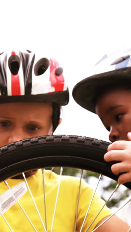 Gruppe-Von-Kindern,-Die-Auf-Das-Fahrradrad-Schauen