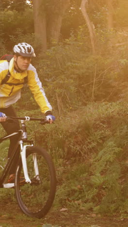 Mountain-biking-couple-riding-in-the-forest-on-a-sunny-day