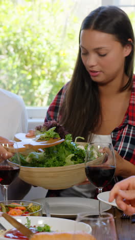 Glückliche-Freunde-Beim-Gesunden-Mittagessen-Mit-Wein-