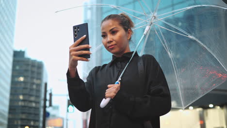 Asiatische-Frau-Hält-Abends-Einen-Durchsichtigen-Regenschirm,-Umgeben-Von-Den-Lichtern-Der-Stadt